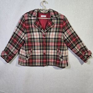 COLDWATER CREEK Blazer Jacket Wool Red Green Tartan Plaid Holiday XL Chest 46"